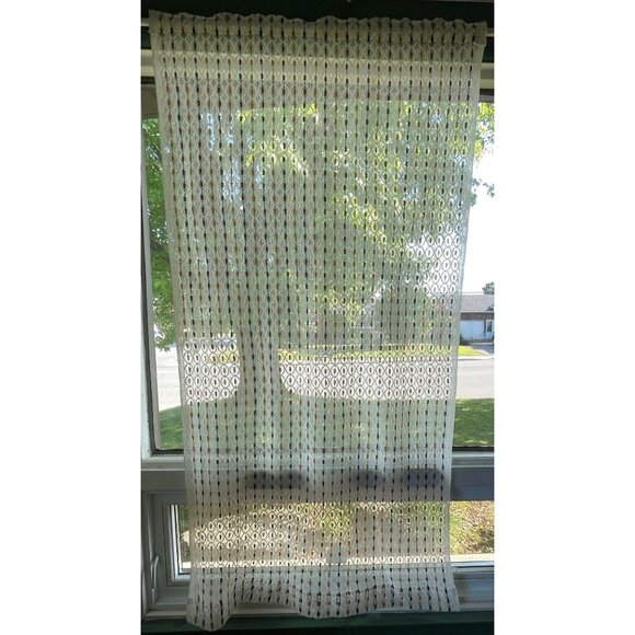 Vintage 70s curtain, white brown stripes, net woven mesh, rod head panel, for 1 - Picture 2 of 10